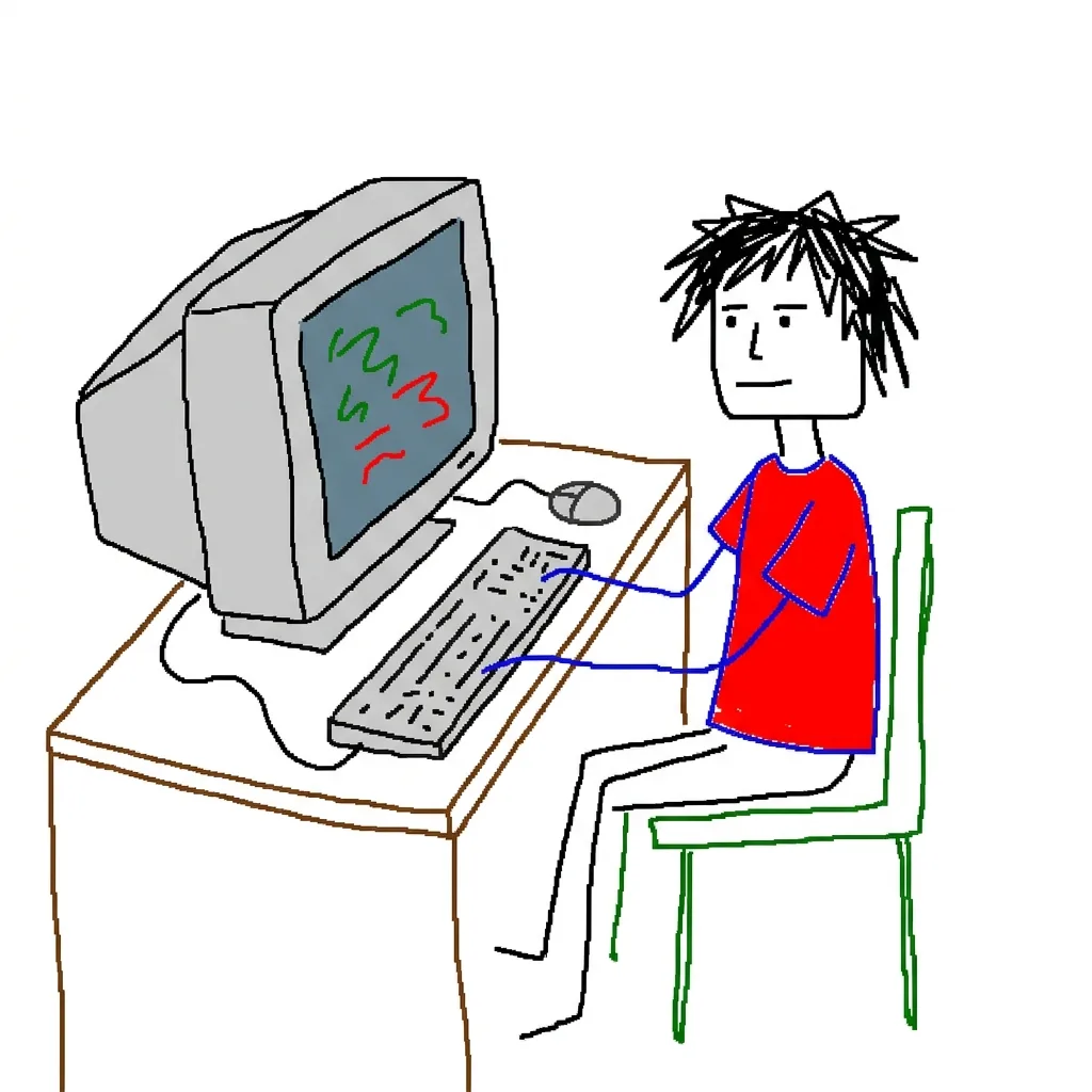 Person at a computer redrawn as a classic Paint.exe portrait