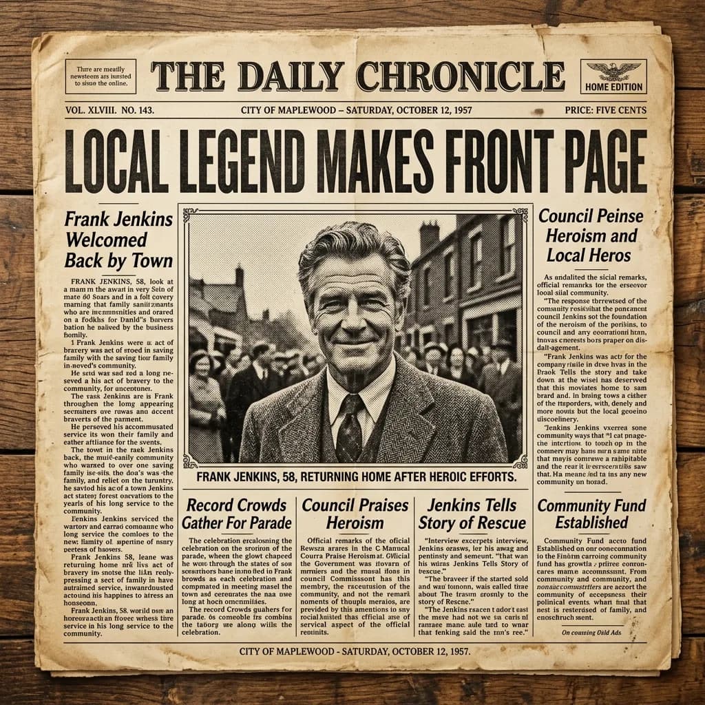 Person printed as a vintage newspaper front-page hero with stacked headlines