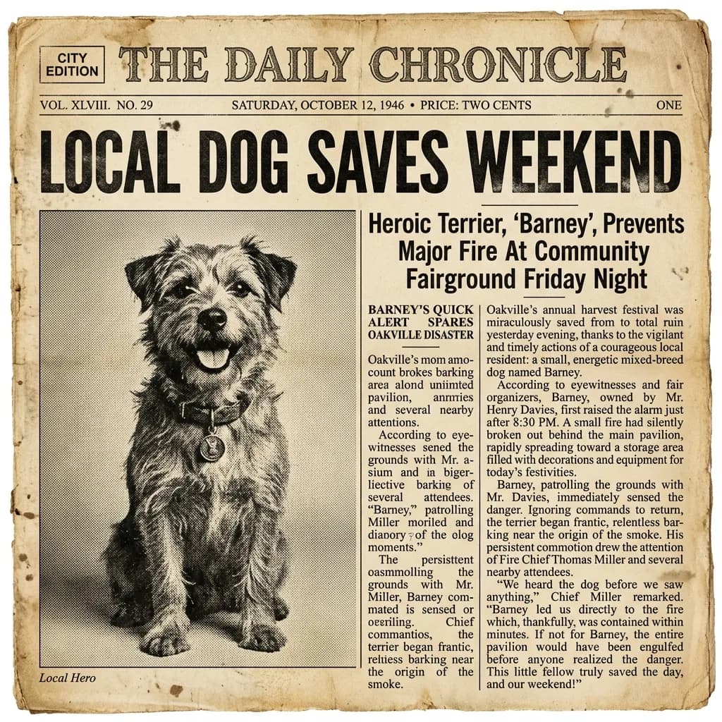 Dog featured as a local-legend halftone newspaper portrait
