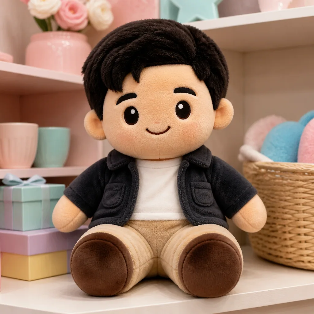 Person remade as a sitting plush toy with felt eyes