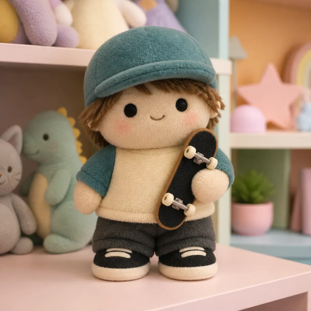 Skateboarder remade as a plush figure holding a felt skateboard