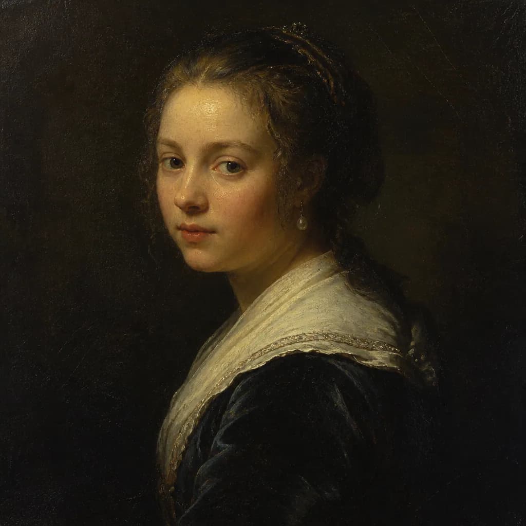 Person painted as a Rembrandt-lit oil portrait in a dark gallery