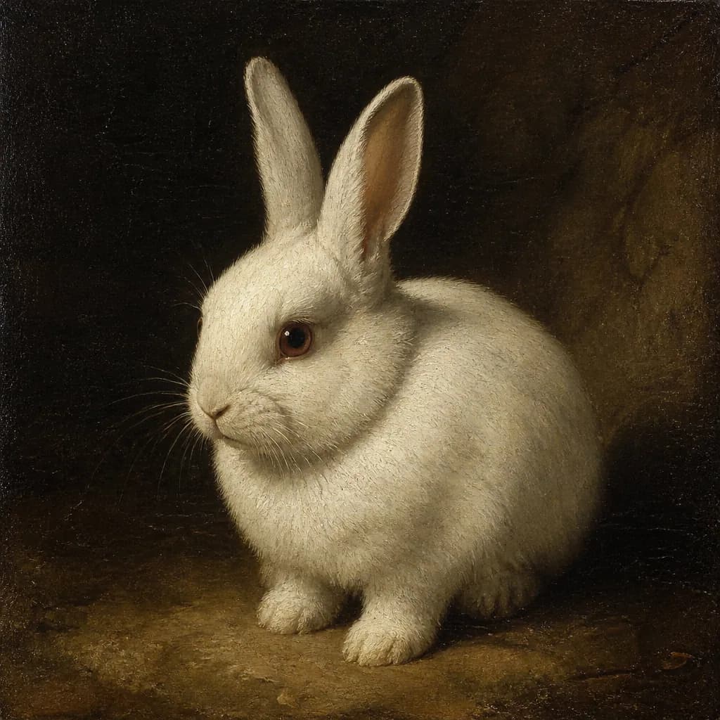 Rabbit painted as a small Dutch still-life companion portrait