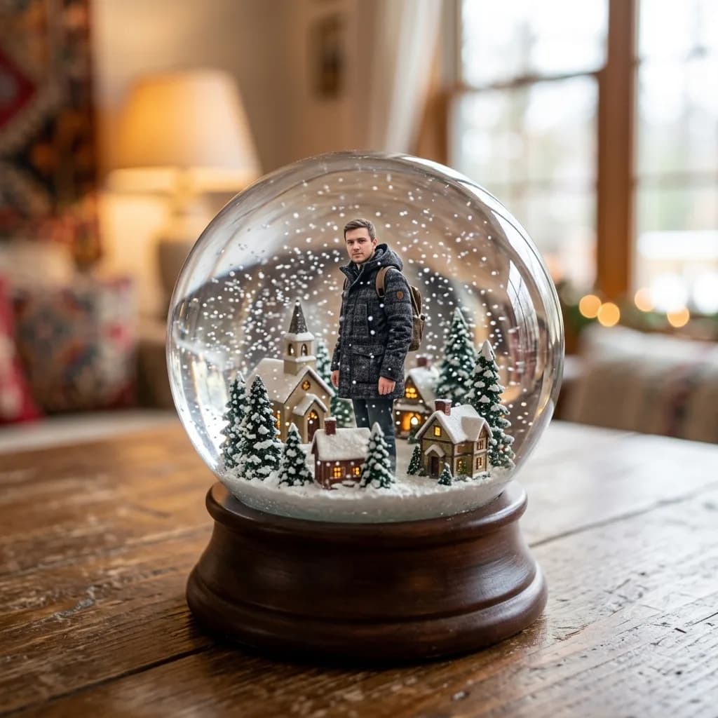Young adult in a winter coat standing inside a glass snow globe