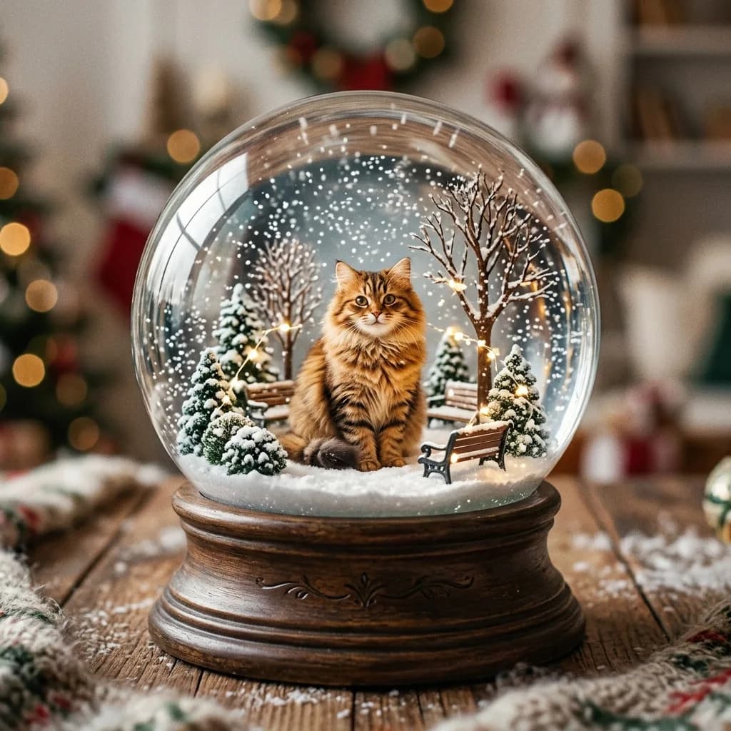 Cat sitting in a tiny snowy park inside a snow globe