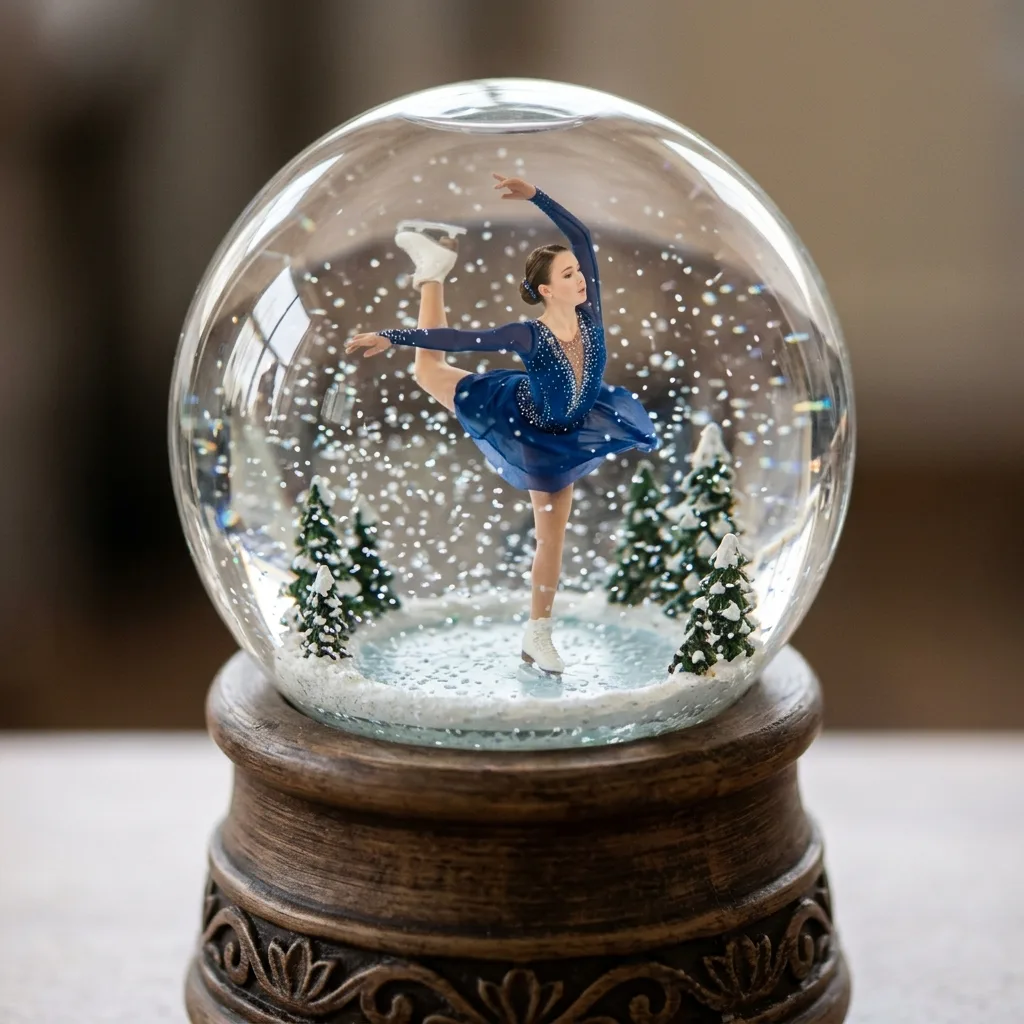 Ice-skater frozen mid-pose inside a glass snow globe