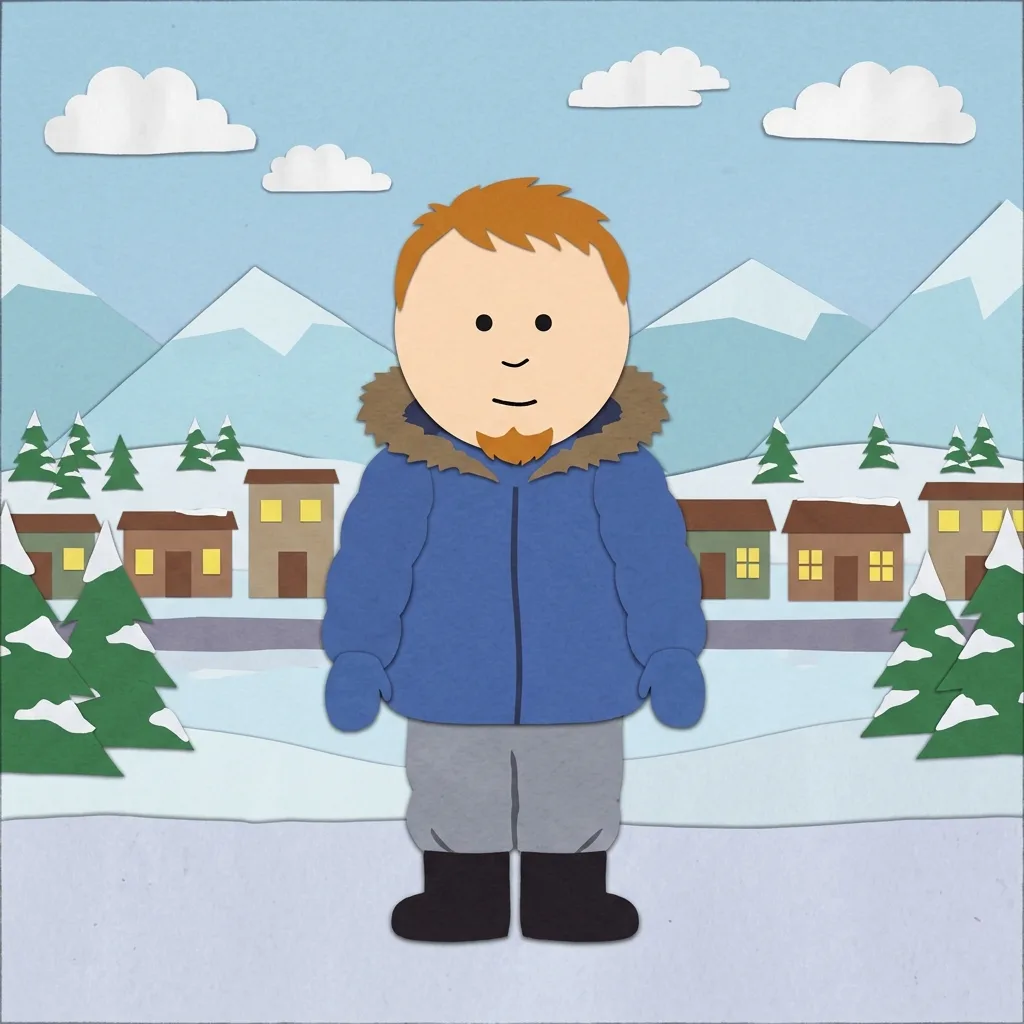Person rebuilt as a construction-paper cutout in a snowy town