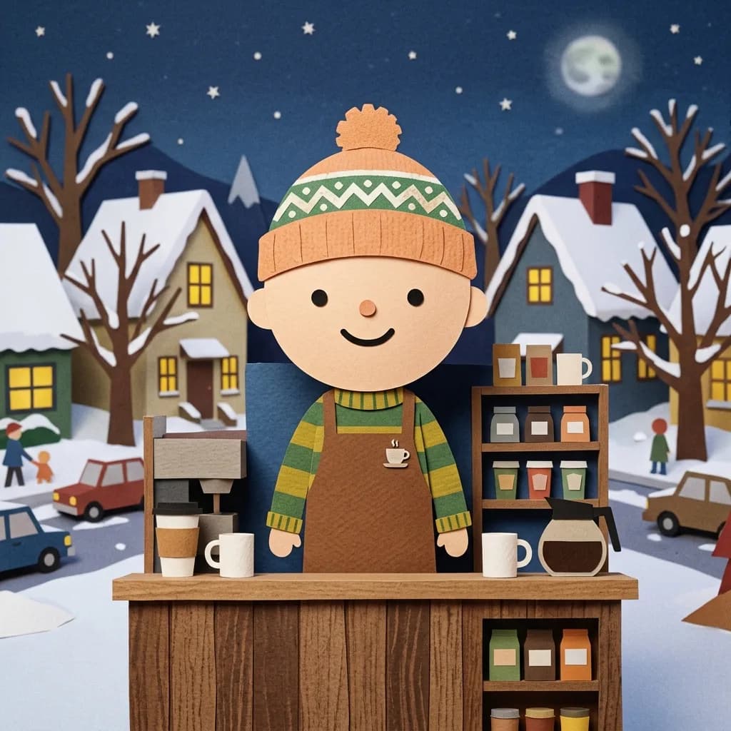 Barista restyled as a paper-cutout mountain-town extra