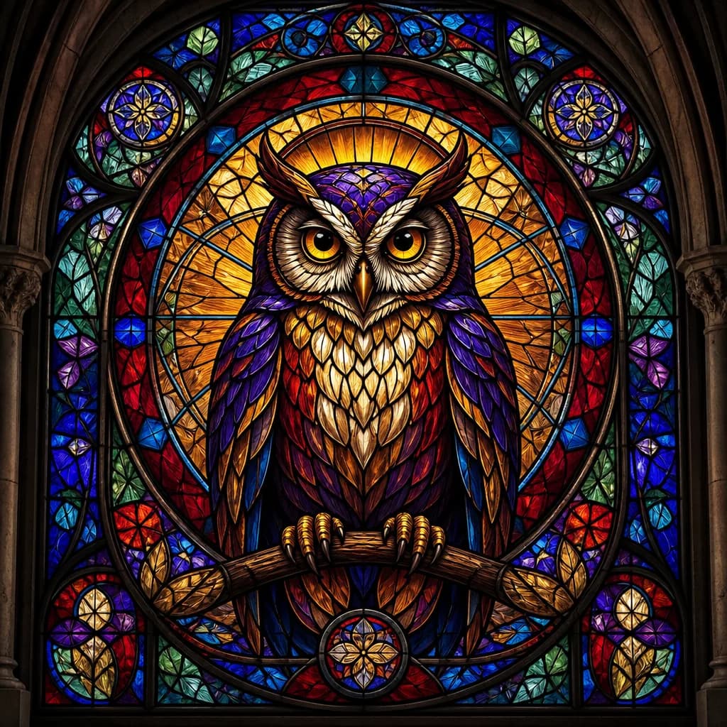Owl rendered as a gothic stained-glass medallion