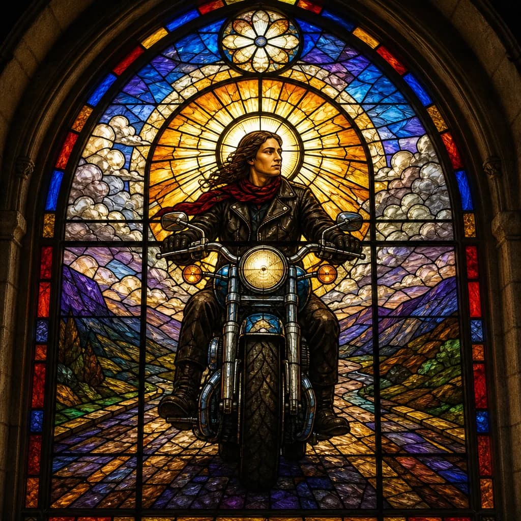 Motorcycle rider as a modern cathedral-window panel