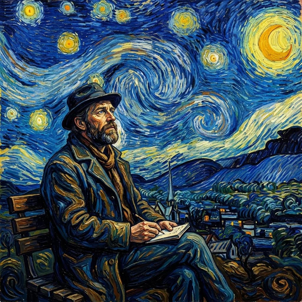 Person painted as a Van Gogh portrait under a swirling night sky