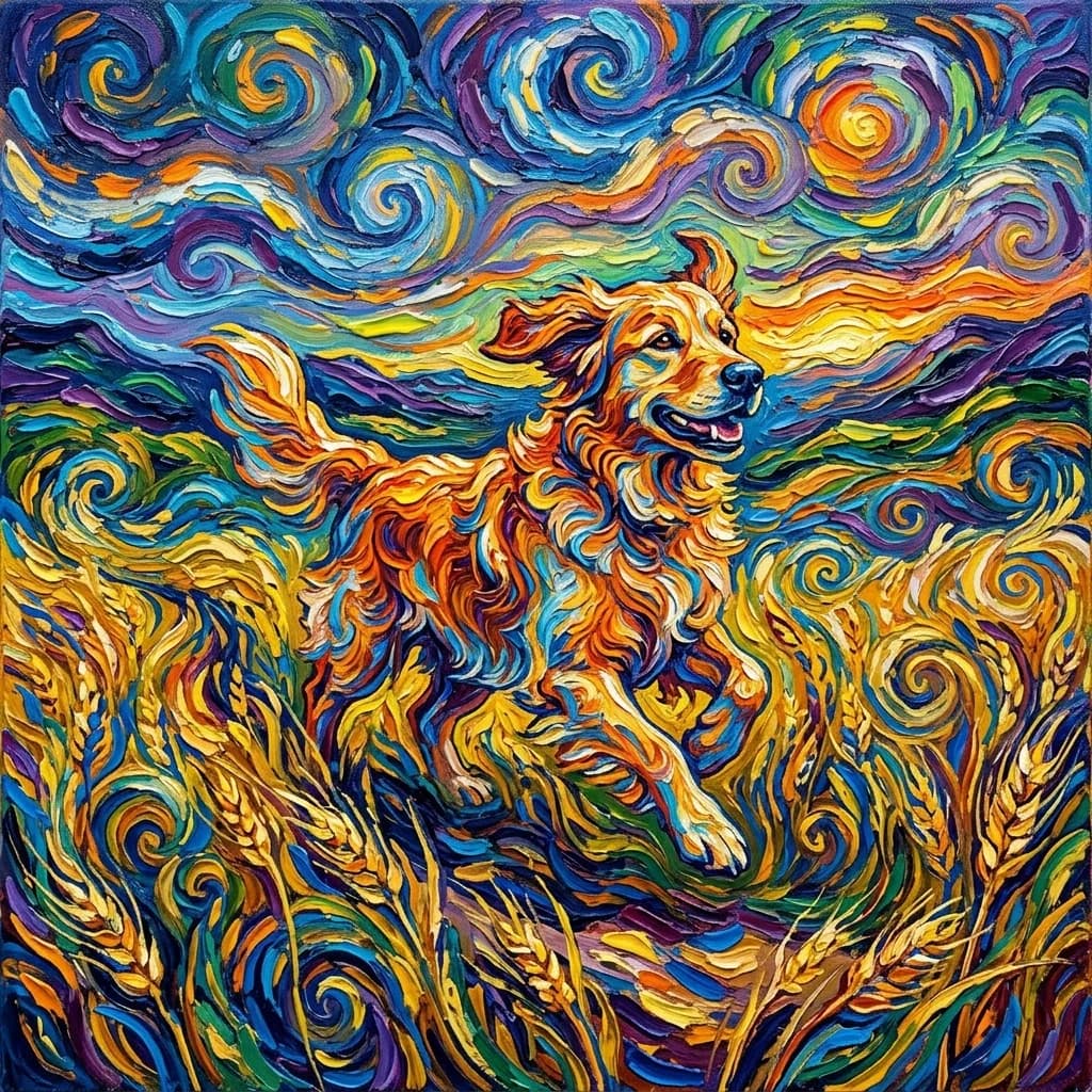 Sunflower-adjacent still of a dog in thick impasto strokes
