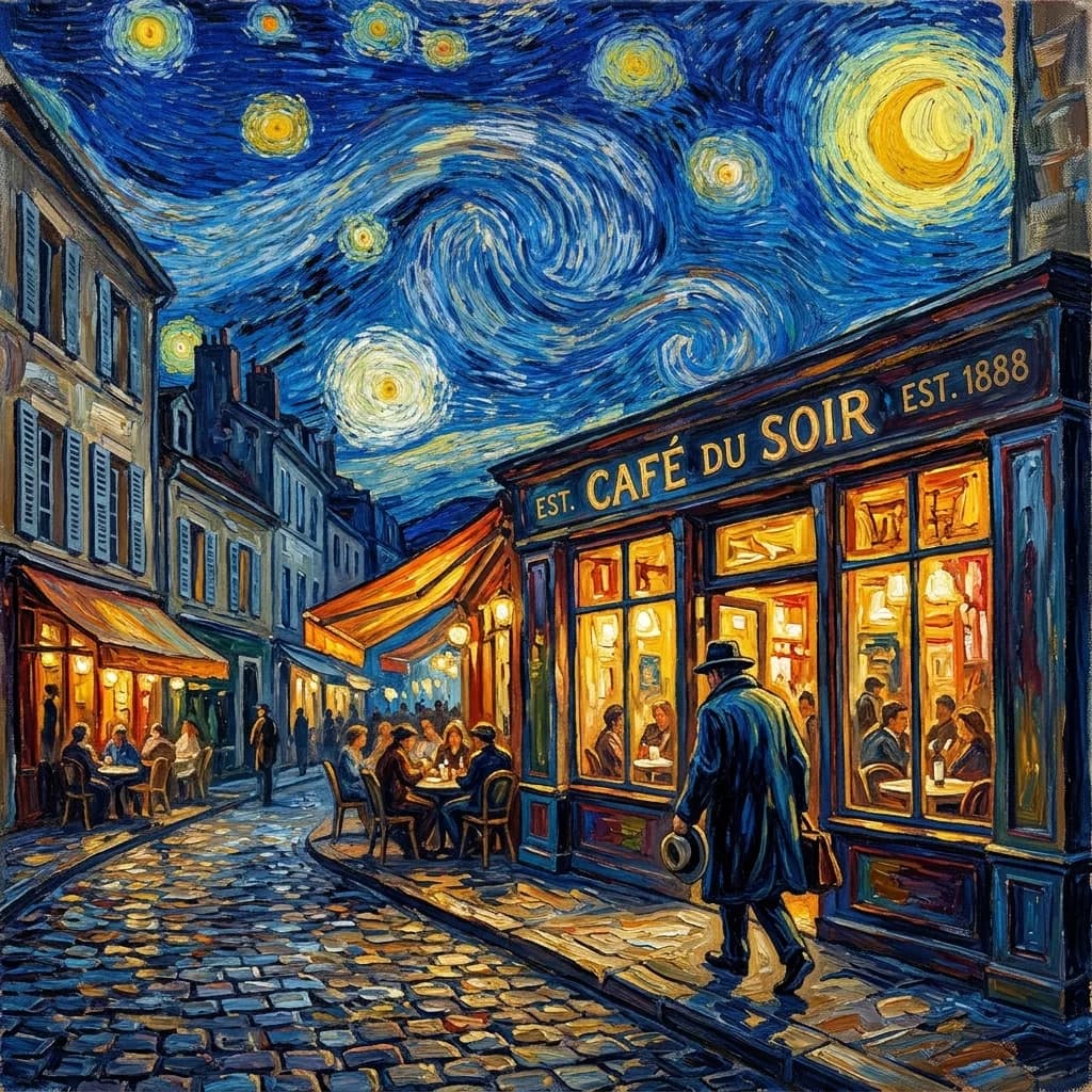 Cafe street photo restyled as a post-impressionist night scene