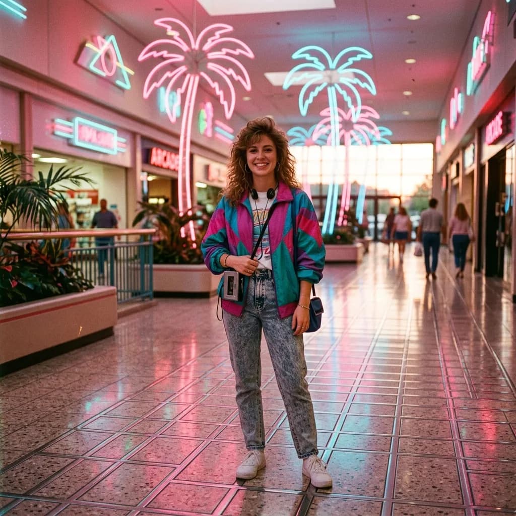 Person restyled in a pink-cyan vaporwave mall-sunset portrait