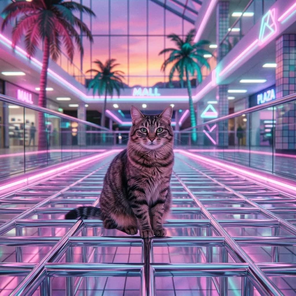 Cat given a chrome-grid vaporwave treatment