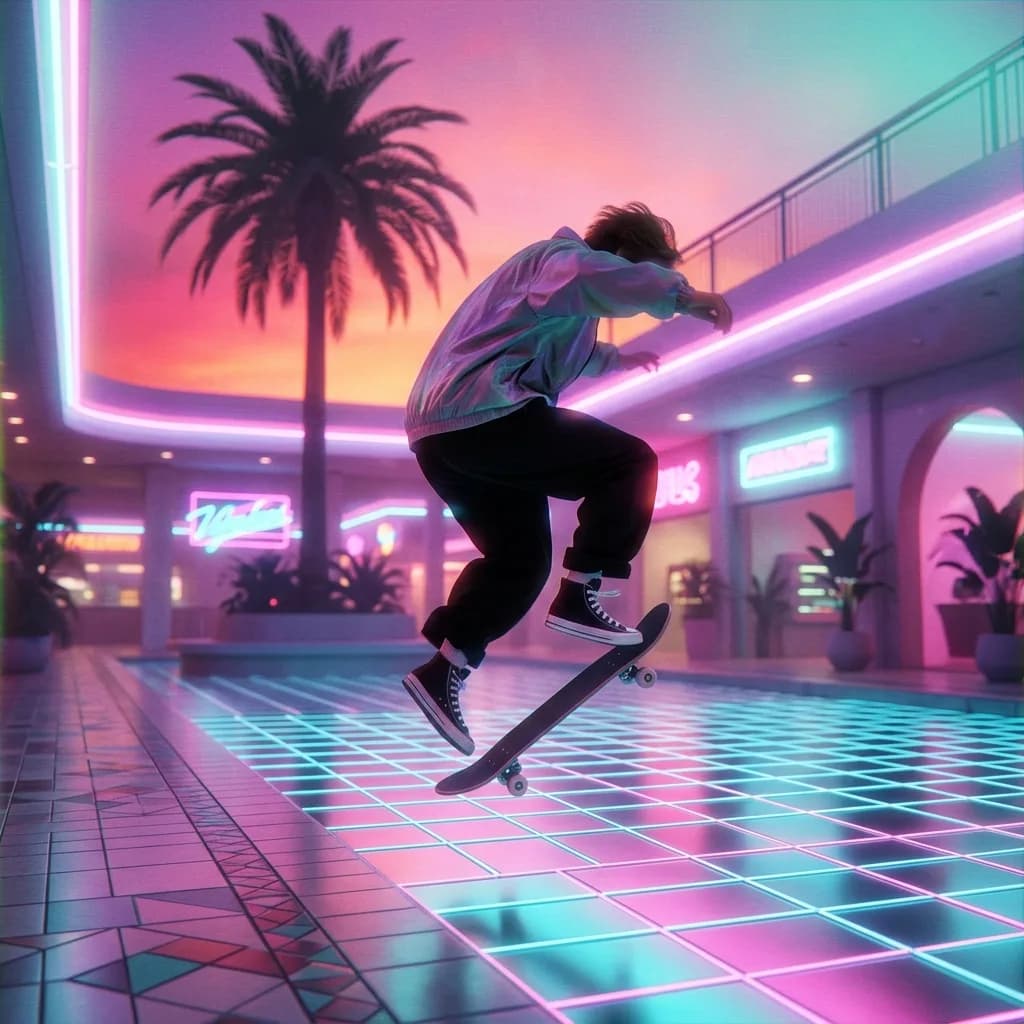 Skateboarder dropped into a palm-and-grid outrun scene