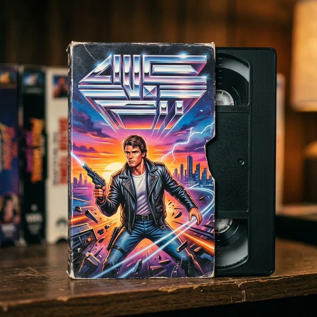 Young adult as an airbrushed 1980s VHS action-hero cover
