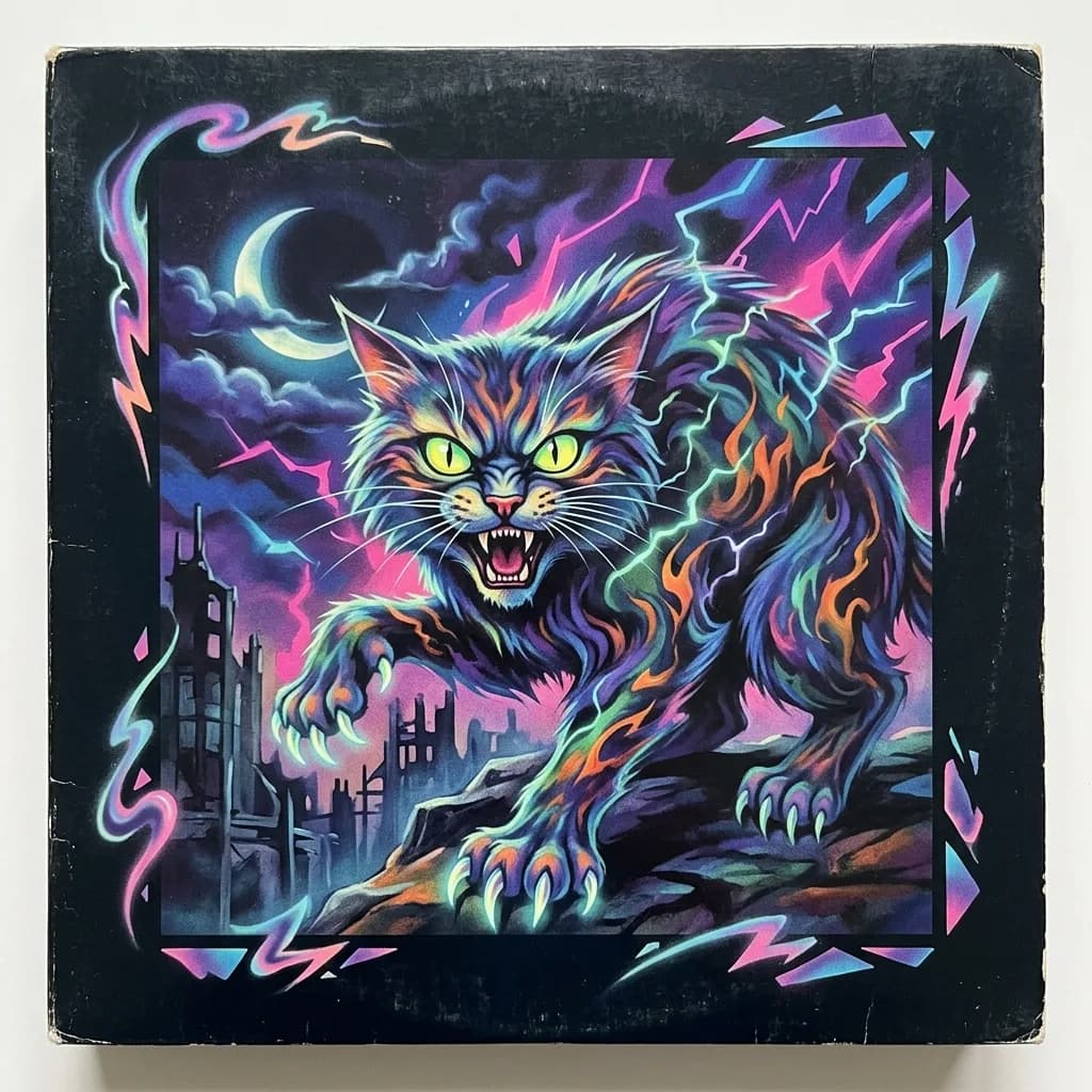 Cat painted as a midnight-movie VHS creature cover