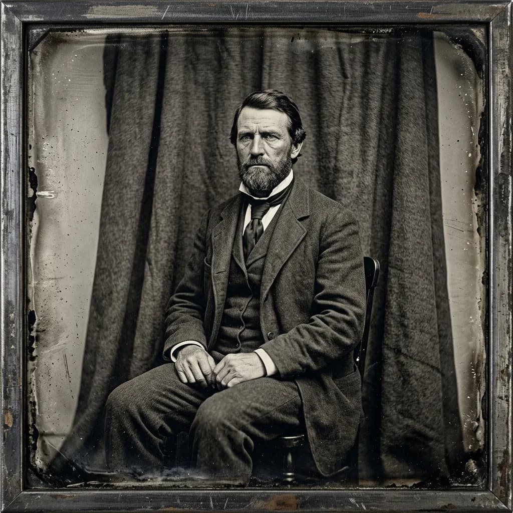 Person posed as a stiff 1860s tintype portrait with pewter sheen