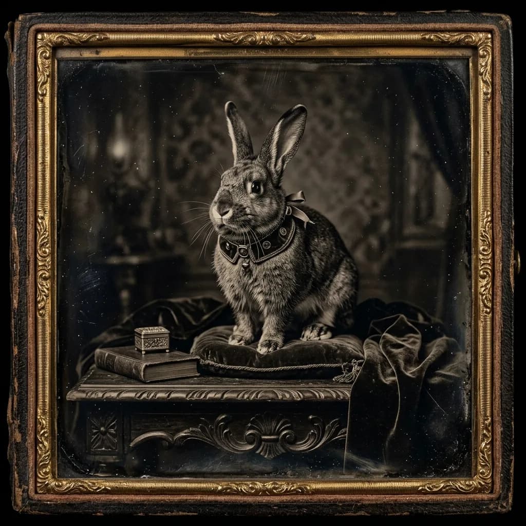 Rabbit photographed as a Victorian pet companion tintype