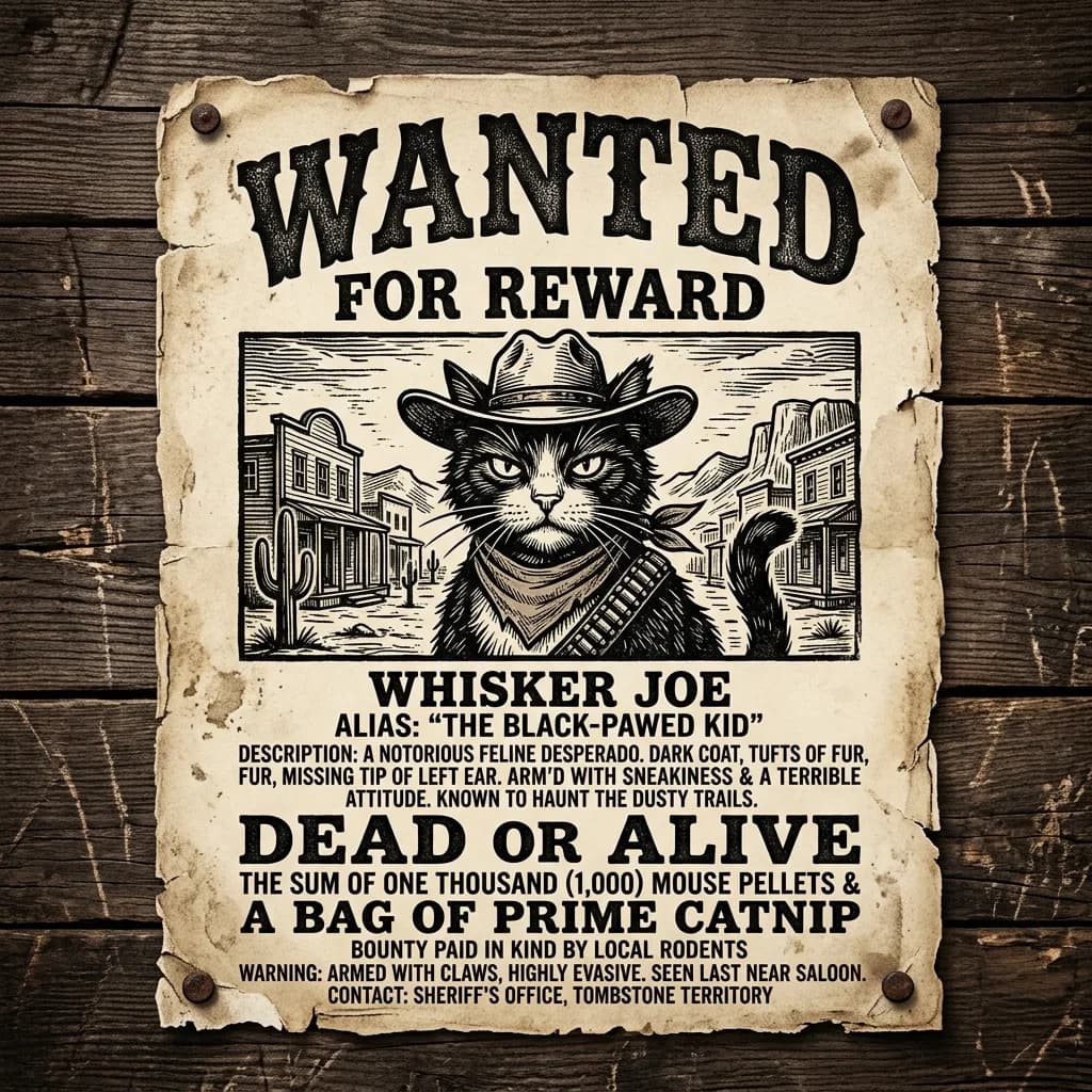Outlaw cat on a saloon-wall bounty poster