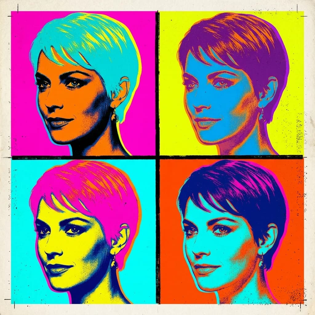 Person split into a four-panel neon Warhol silkscreen