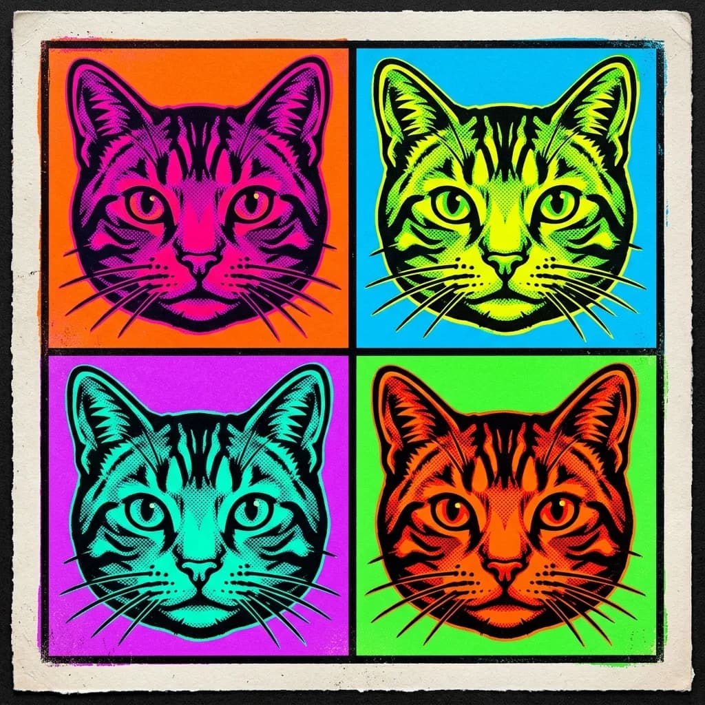 Cat printed as a high-contrast pop-art repeating portrait