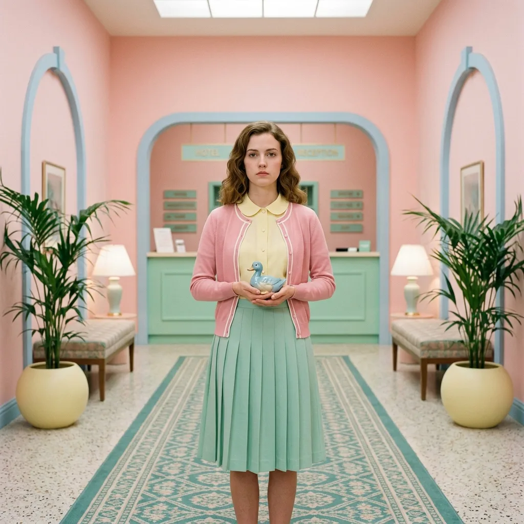 Person centered in a pastel hotel-lobby Wes Anderson portrait