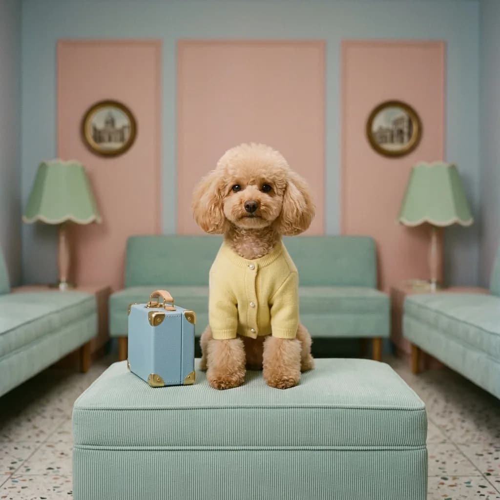Poodle posed symmetrically with a tiny suitcase prop