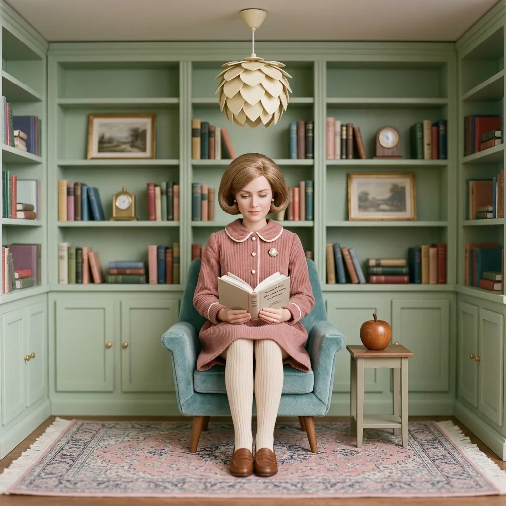 Librarian restaged in a dollhouse reading-room tableau