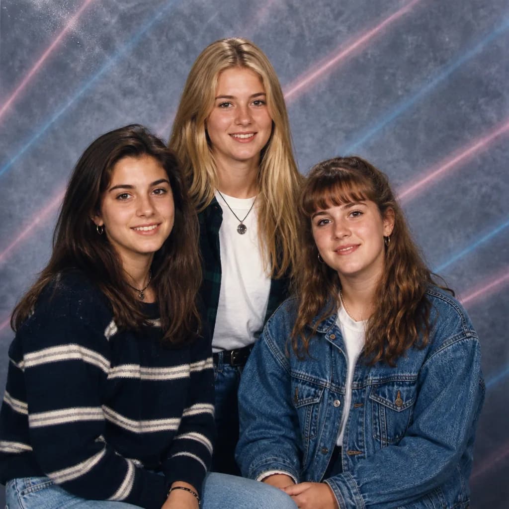 Group of friends posed as a 90s club yearbook spread