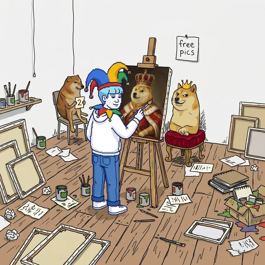 Jester painting Doge as a crowned king while Doge poses on a velvet stool and Cheems waits with ticket number 2, under a sign that says free pics.