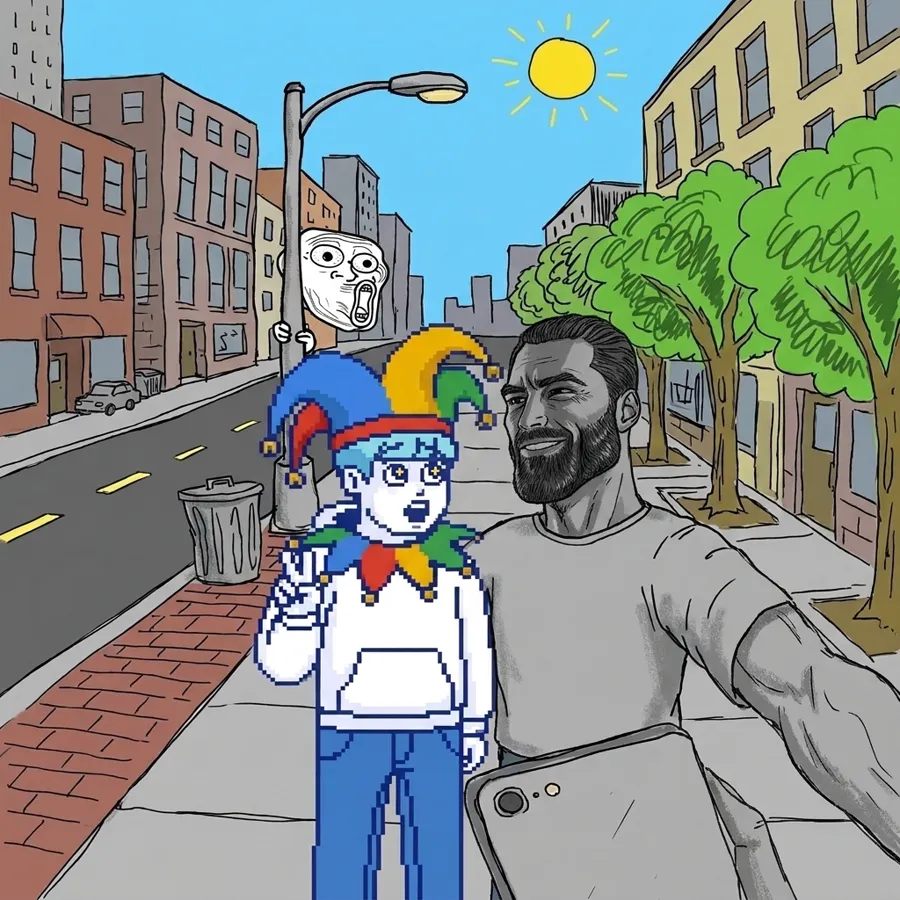 The same selfie with Wojak turned into Gigachad. Jester stares up in awe and Trollface looks shocked.