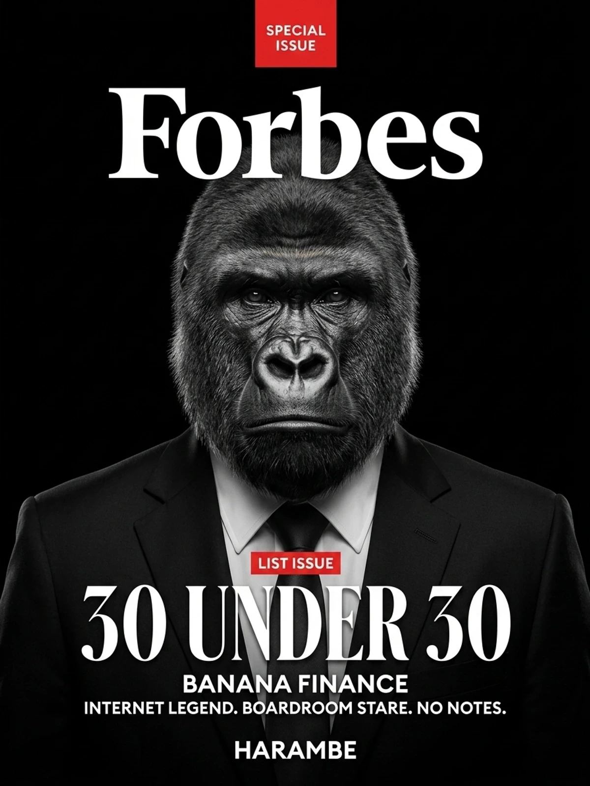 Generated Forbes-style 30 Under 30 cover example labeled Harambe
