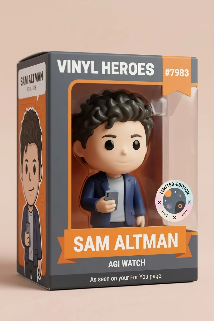 Sam Altman face transformed into a parody vinyl figure retail box with black and cyan packaging, front window, and side character art