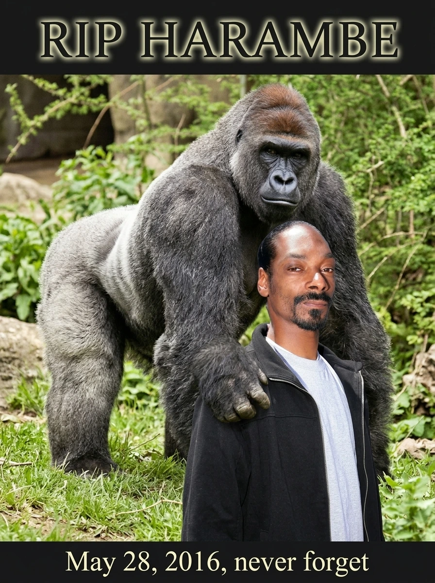RIP Harambe memorial poster example with an uploaded person posed in front of Harambe