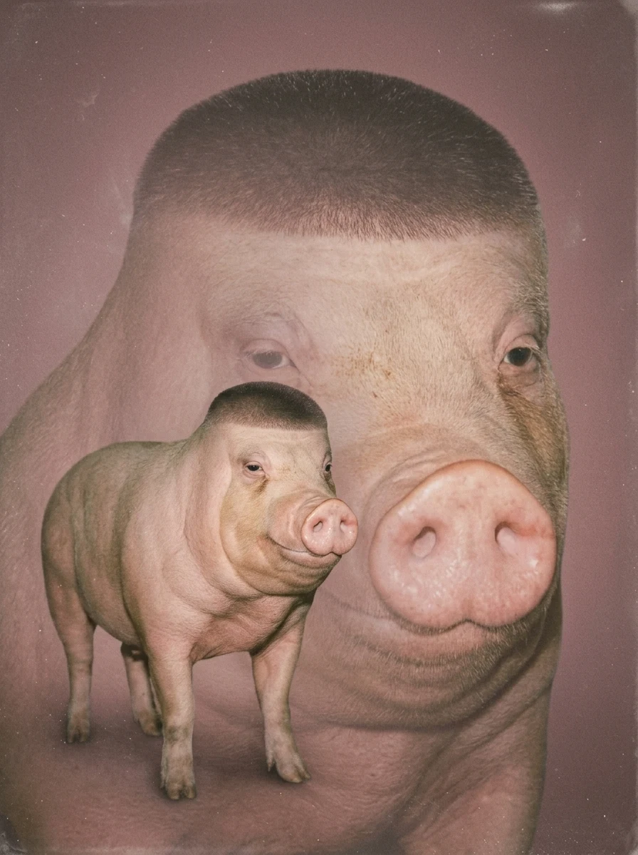 Full-bleed vintage double exposure portrait with a large faded face and smaller subject